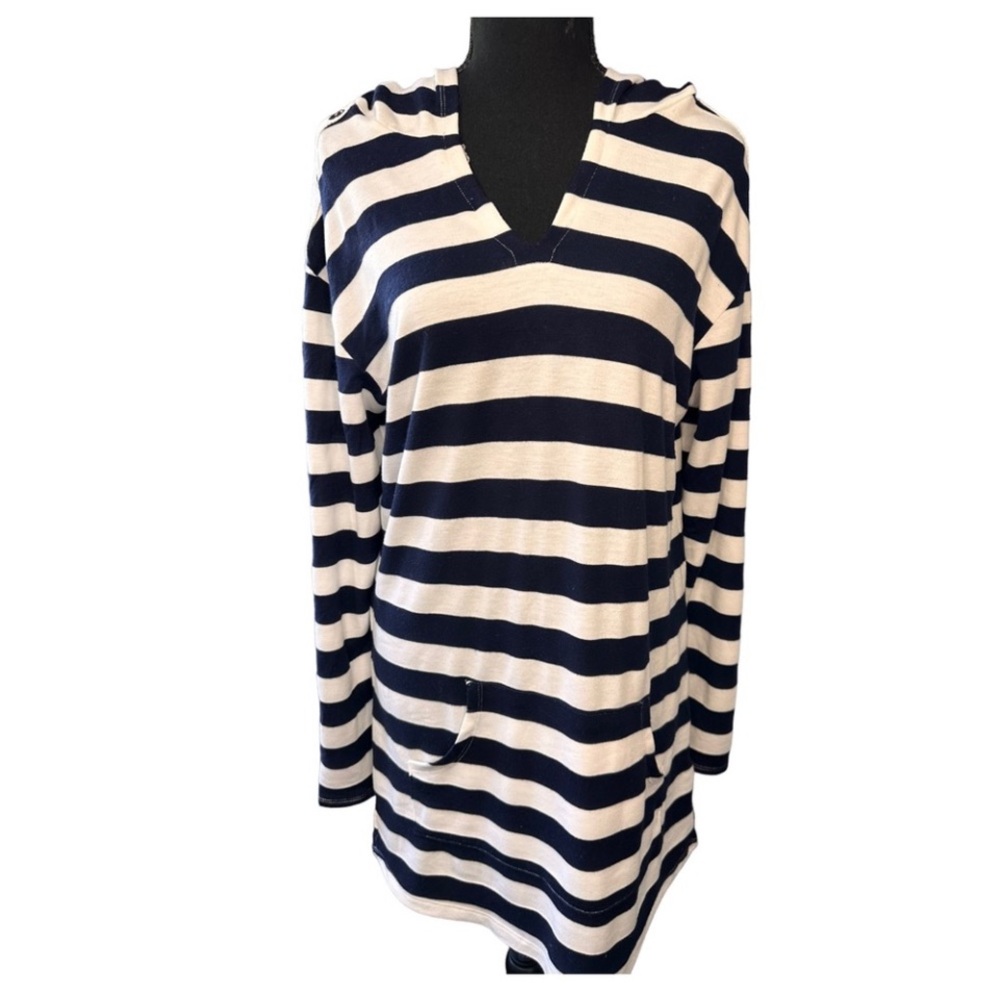Swim Coverup or Casual Dress  New Hooded Navy White Stripe Beach Summer Dakini